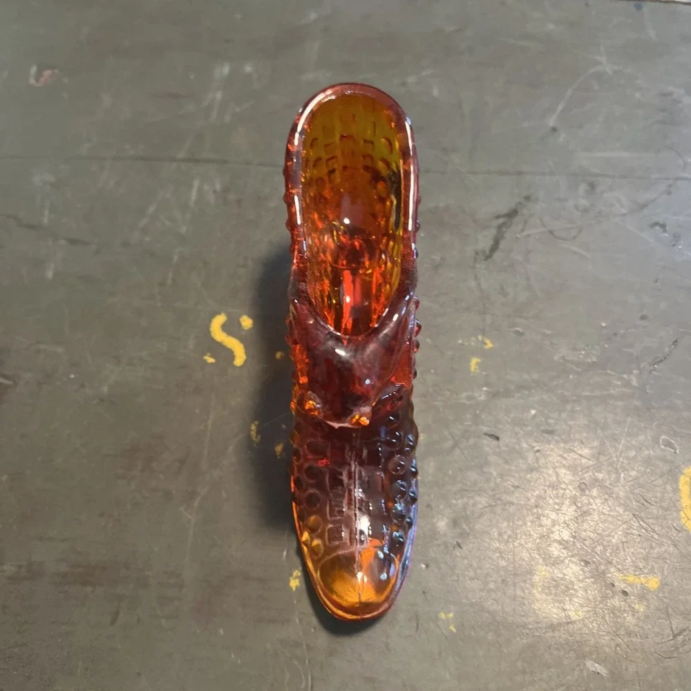 FENTON ART GLASS HOBNAIL AMBERINA SHOE SLIPPER WITH PANTHER/CAT 3